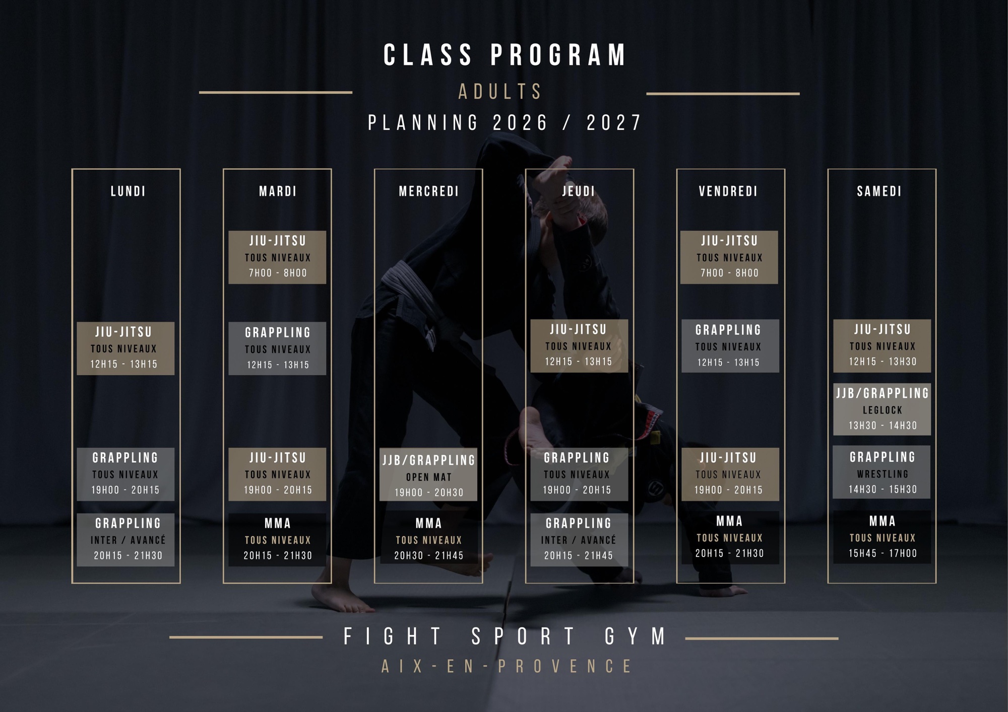 Planning des cours adultes JJB, MMA & boxe — Impact Fight Aix-en-Provence