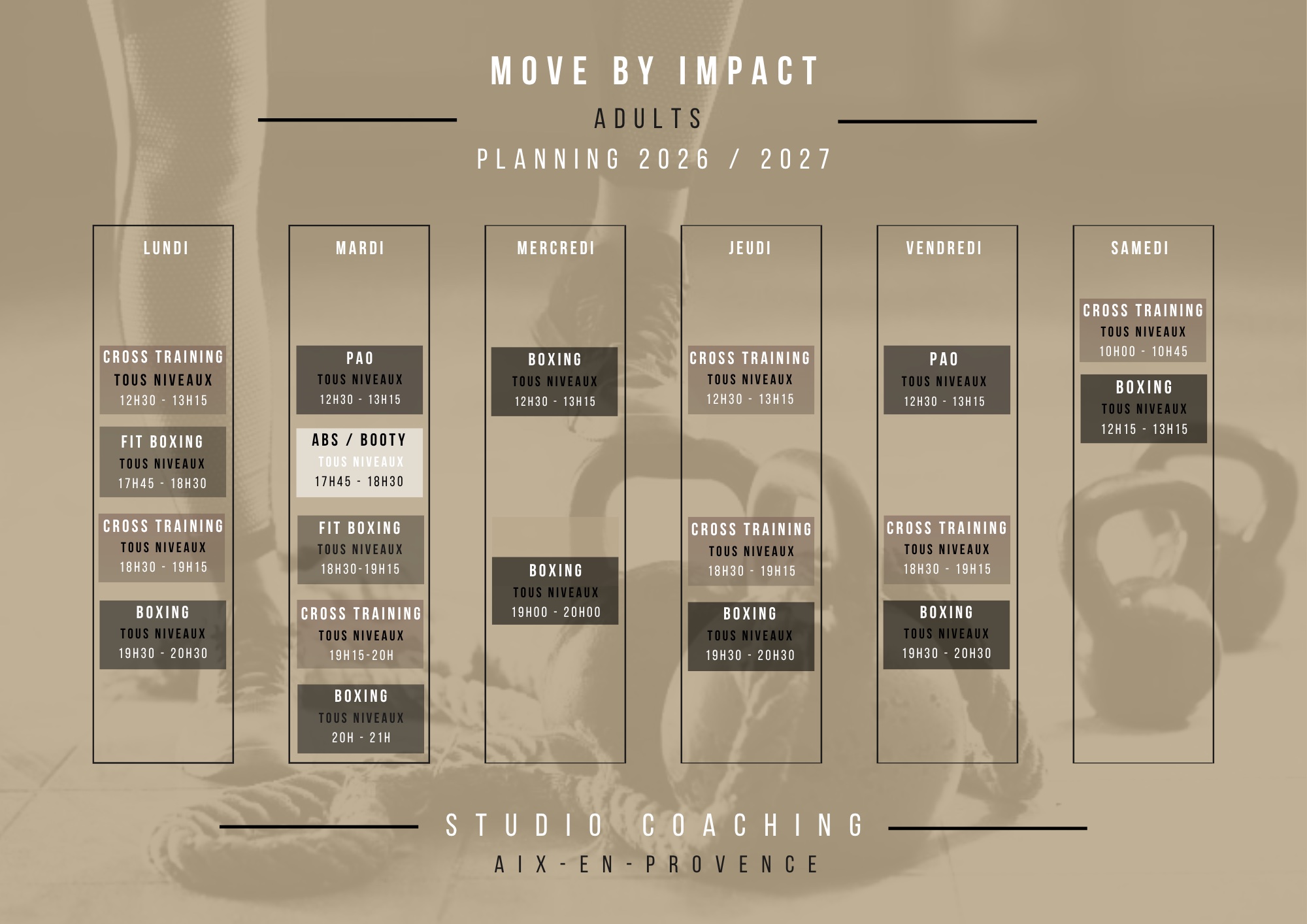 Planning des cours Boxe & préparation physique — Move by Impact Aix-en-Provence
