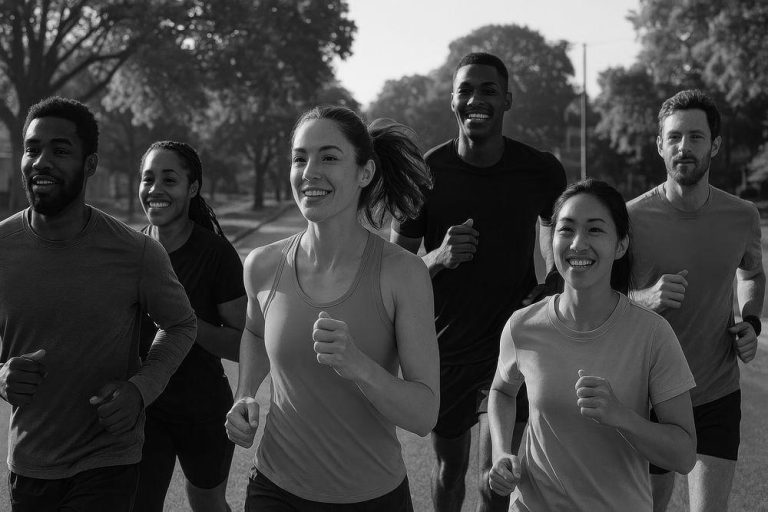 Groupe d’adultes courant ensemble pendant une activité sportive en extérieur