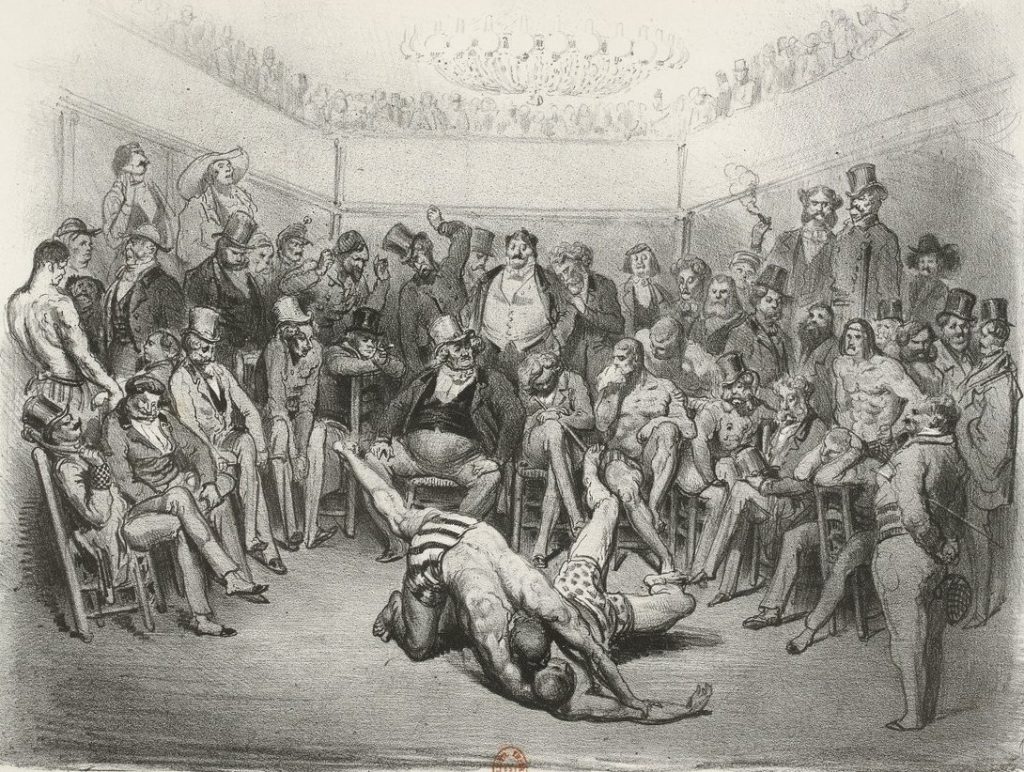 Lutte en provence. Gravure de Gustave Doré intitulée Les Lutteurs, réalisée en 1854, montrant deux hommes s’affrontant au sol devant un public nombreux.