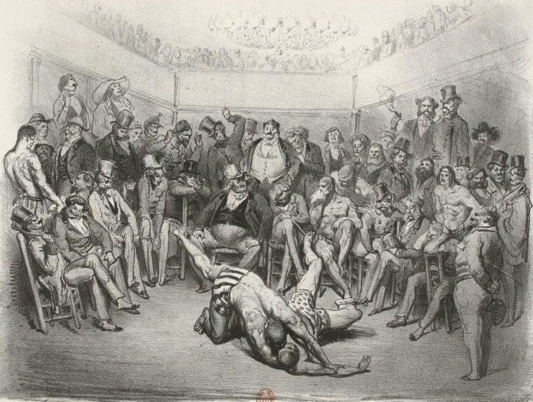 Lutte en provence. Gravure de Gustave Doré intitulée Les Lutteurs, réalisée en 1854, montrant deux hommes s’affrontant au sol devant un public nombreux.