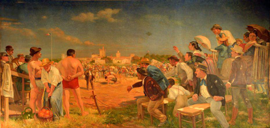 Peinture La lutte d’hommes de José Belon, réalisée en 1887, représentant une compétition de lutte en plein air devant un public nombreux.