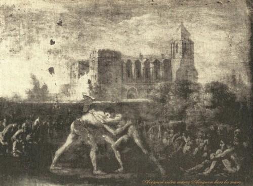 Œuvre de Pierre Raspay représentant une lutte d’hommes devant l’église de Montfavet au XIXe siècle, sous les yeux d’un public nombreux.