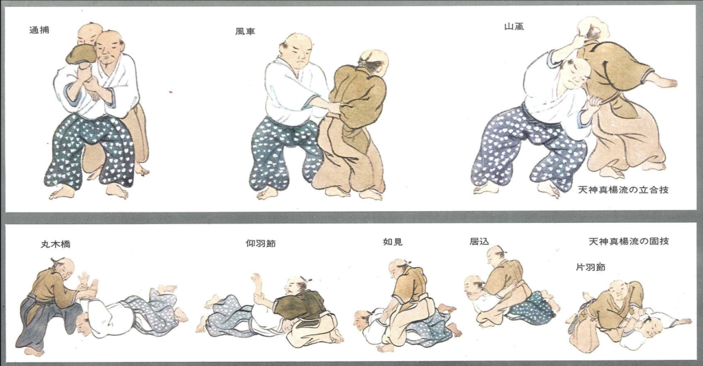 Planches illustrées de l’école japonaise Tenjin Shin’yō-ryū montrant des techniques traditionnelles de jūjutsu, des saisies et projections debout ainsi que des contrôles au sol.