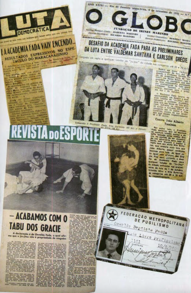 Montage de coupures de presse brésilienne des années 1950 évoquant l’Academia Fadda, les activités d’Oswaldo Fadda et les défis entre écoles de jiu-jitsu à Rio de Janeiro.