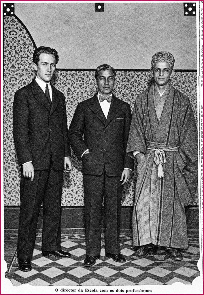 Photographie historique de Carlos Gracie, Donato Pires dos Reis et George Gracie à Rio de Janeiro en 1930, devant l’une des premières académies de jiu-jitsu associées aux frères Gracie.