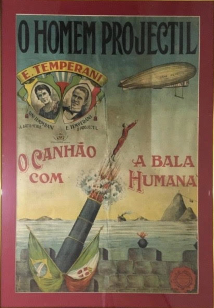 Affiche ancienne de la Troup Irmãos Temperani annonçant le numéro acrobatique O Homem Projectil au Brésil dans les années 1930.