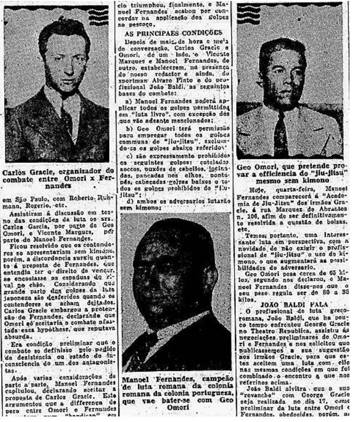 Photographie de presse de 1931 présentant Carlos Gracie, Manoel Fernandes et Geo Omori, dans le contexte d’un défi entre jiu-jitsu et lutte gréco-romaine à Rio de Janeiro.