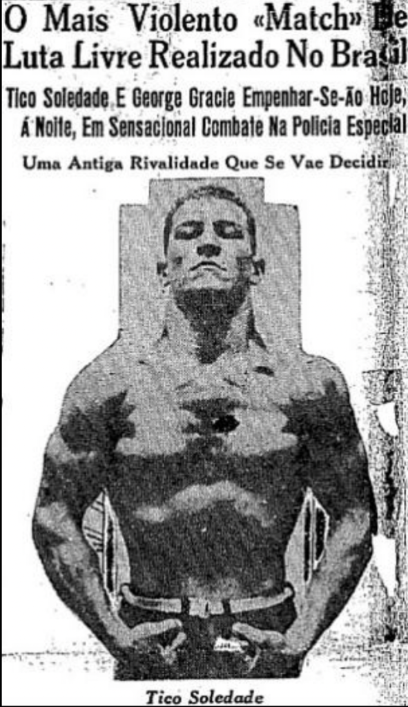 Coupure du Jornal dos Sports du 8 juillet 1933 annonçant un défi de lutte libre entre George Gracie et Tico Soledade à Rio de Janeiro, accompagnée d’une photographie de ce dernier.