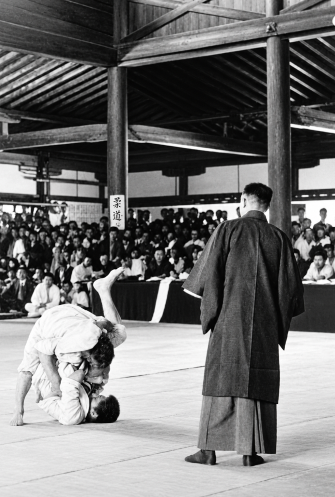 Photographie historique de kōsen judo montrant deux judokas engagés dans une technique de combat au sol, associée au sankaku-jime, au Japon dans les années 1920.