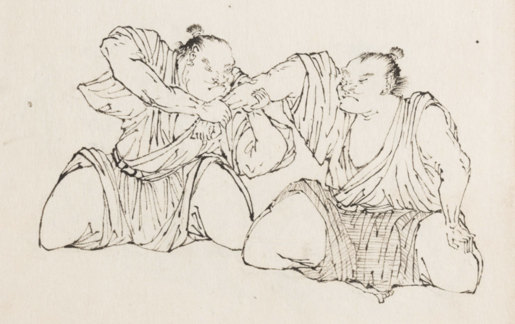 Planche ancienne de jūjutsu japonais de l’école Sekiguchi-ryū, illustrant différentes techniques de saisie et de contrôle corporel entre deux combattants.